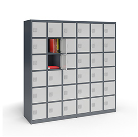 Książkomaty Techmark mogą być wykonane w formie szaf stojących lub wiszących szafek z dowolną ilością i wielkością skrytek.