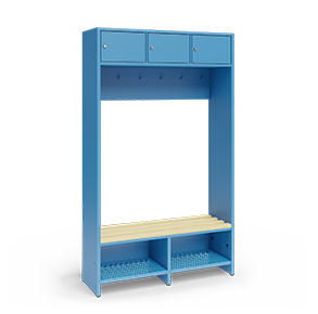 Techmark changing room benches with coat racks provide storage space for outer garments. They make efficient use of relatively small floor space.