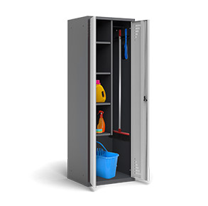 Techmark metal utility cabinets are used to store clothing, cleaning supplies and small cleaning equipment.