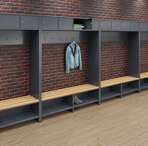 Techmark changing room benches with coat racks provide storage space for outer garments. They make efficient use of relatively small floor space.
